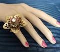 Large Flower Polki Finger Ring w/ Golden Green Meenakari Brown Crystals